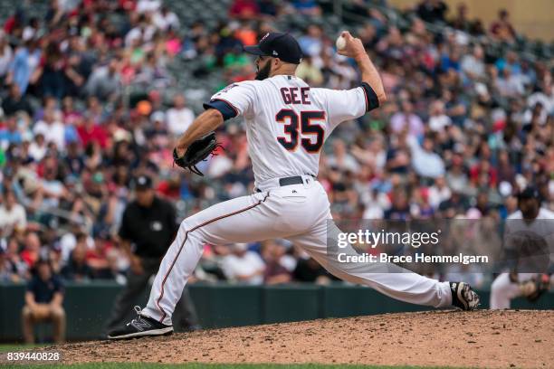 Dillon Gee of the Minnesota Twins pitches against the Cleveland Indians on August 17, 2017 at Target Field in Minneapolis, Minnesota. The Indians...