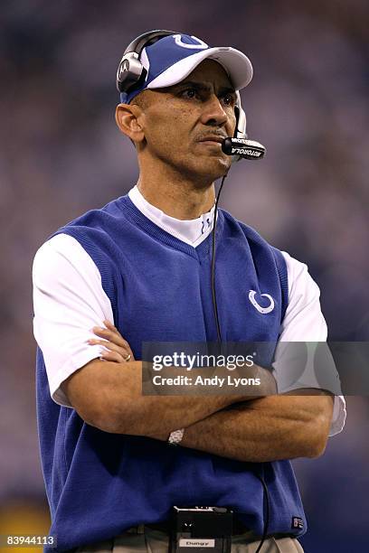 Head coach Tony Dungy of the Indianapolis Colts coaches against the Cincinnati Bengals at Lucas Oil Stadium on December 7, 2008 in Indianapolis,...