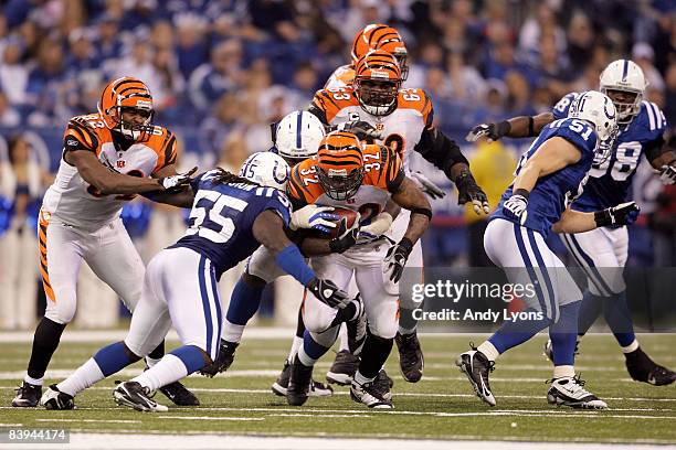 Cedric Benson of the Cincinnati Bengals runs the ball against the Indianapolis Colts at Lucas Oil Stadium on December 7, 2008 in Indianapolis,...