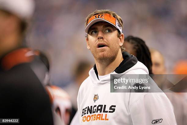 Injured quarterback Carson Palmer of the Cincinnati Bengals looks on from the sideline against the Indianapolis Colts at Lucas Oil Stadium on...