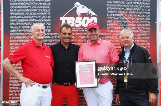 Thomas Bjorn of Denmark poses during a presentation in his 500th European Tour tournament during day three of the Made in Denmark at Himmerland Golf...