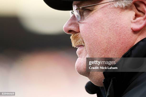 Head coach of the Philadelphia Eagles Andy Reid watches on against the New York Giants at Giants Stadium on December 7, 2008 in East Rutherford, New...