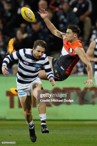 In this series Josh Kelly of the Giants collides with Zach Tuohy of the Cats when competing for the ball during the round 23 AFL match between the...