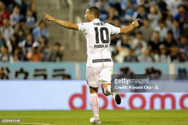 Lukas Podolski of Vissel Kobe celebrates scoring the opening goal during the J.League J1 match between Jubilo Iwata and Vissel Kobe at Yamaha Stadium...