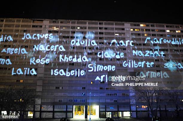 First names of the district's inhabitants appear on a social housing building which will be demolished in one year at La Duchere district in Lyon,...