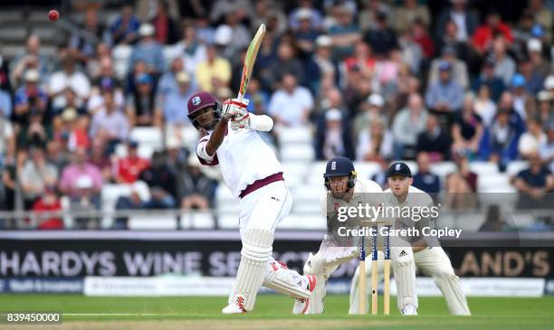 Kraigg Brathwaite of England bats during day two of the 2nd Investec Test between England and the West Indies at Headingley on August 26, 2017 in...