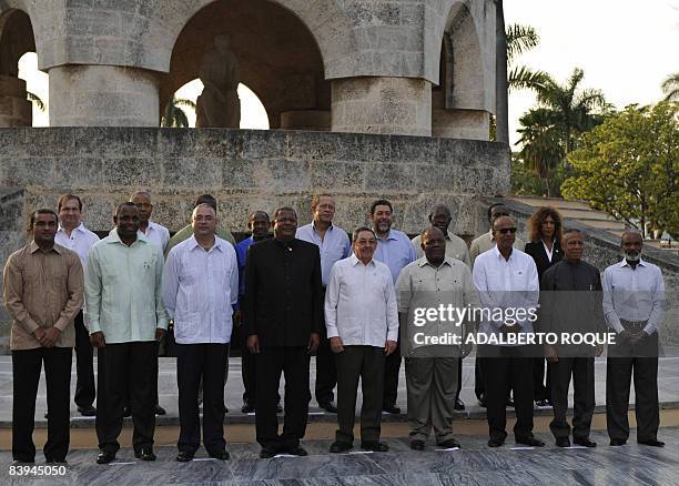 Leaders of the Caribbean countries pose for the family photo, on December 7, 2008 in front of Jose Marti monument in Santa Efigenia cemetery in...