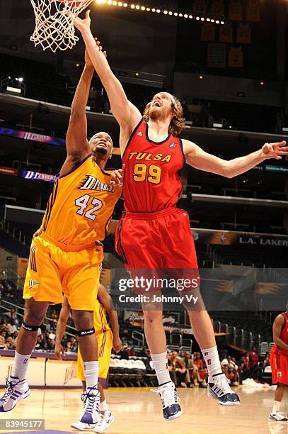 Steven Hill of the Tulsa 66ers attempts a shot against the defense of Jamaal Brown of the Los Angeles D-Fenders at Staples Center on December 7, 2008...