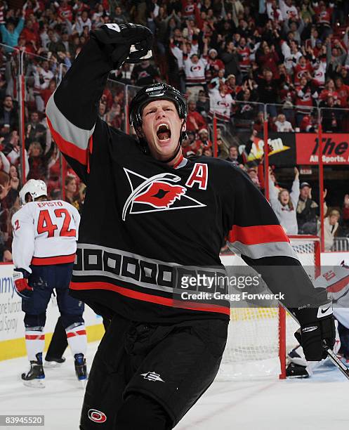 Eric Staal of the Carolina Hurricanes celebrates his game winning goal during a NHL game against the Washington Capitals on December 7, 2008 at RBC...