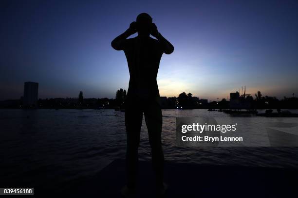 Athletes prepare for the swim leg at the start of IRONMAN 70.3 Vichy on August 26, 2017 in Vichy, France.