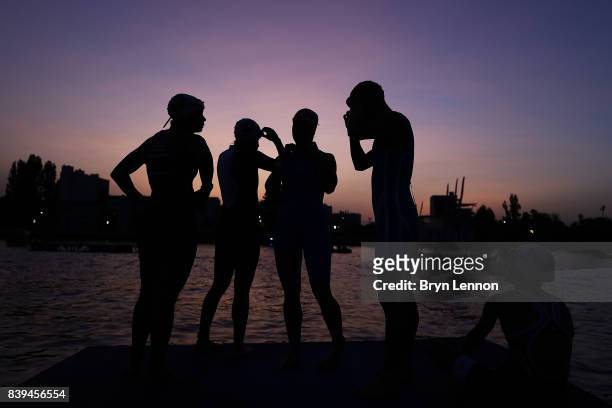 Athletes prepare for the swim leg at the start of IRONMAN 70.3 Vichy on August 26, 2017 in Vichy, France.