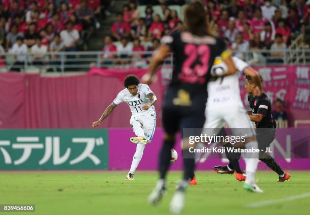 Leandro of Kashima Antlers scores the opening goal during the J.League J1 match between Cerezo Osaka and Kashima Antlers at Yanmar Stadium Nagai on...