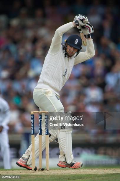 Mark Stoneman of England batting during the first day of the second test between England and West Indies at Headingley on August 25, 2017 in Leeds,...