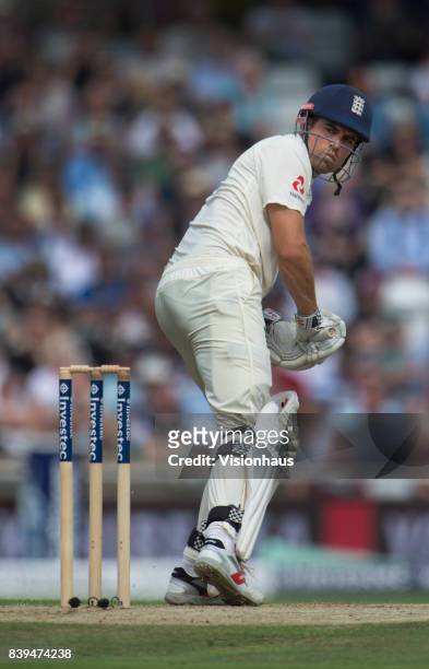 Alastair Cook of England batting during the first day of the second test between England and West Indies at Headingley on August 25, 2017 in Leeds,...