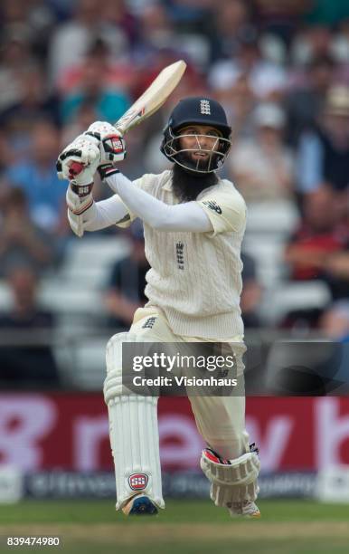 Moeen Ali of England batting during the first day of the second test between England and West Indies at Headingley on August 25, 2017 in Leeds,...