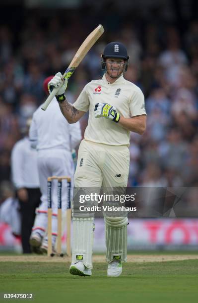 Ben Stokes of England celebrates scoring a century during the first day of the second test between England and West Indies at Headingley on August...