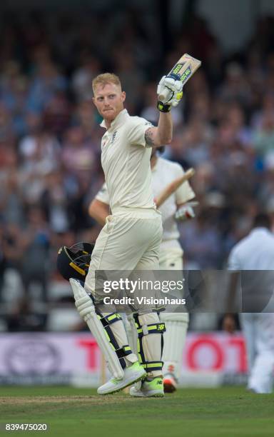 Ben Stokes of England celebrates scoring a century during the first day of the second test between England and West Indies at Headingley on August...