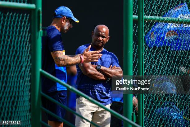 Sri Lankan cricket team's interim coach, Nic Pothas and Sanath Jayasuriya Chief selector of the Sri Lankan Cricket's Selection committee instructs...