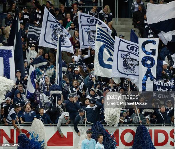 Cats fans celebrates a goal during the round 23 AFL match between the Geelong Cats and the Greater Western Sydney Giants at Simonds Stadium on August...