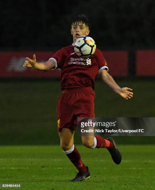 Anthony Glennon of Liverpool in action during the Liverpool v Newcastle United U18 Premier League game at The Kirkby Academy on August 25, 2017 in...