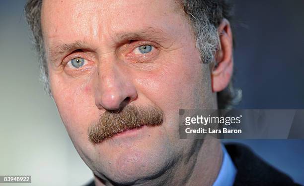 Coach Peter Neururer of Duisburg is seen prior to the 2nd Bundesliga match between MSV Duisburg and 1. FC Kaiserslautern at the MSV Arena on December...