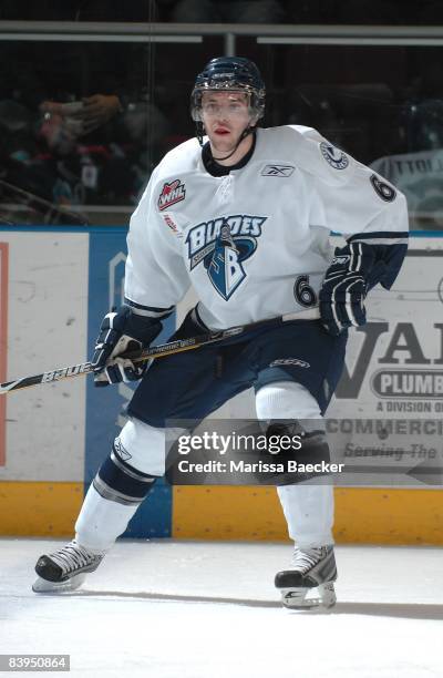 Stefan Elliott of the Saskatoon Blades skates against the Kelowna Rockets on December 3, 2008 at Prospera Place in Kelowna, Canada.