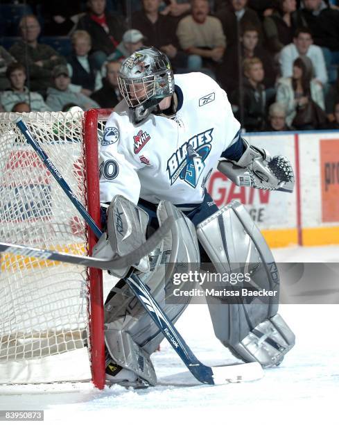 Adam Morrison of the Saskatoon Blades defends the net against the Kelowna Rockets on December 3, 2008 at Prospera Place in Kelowna, Canada.