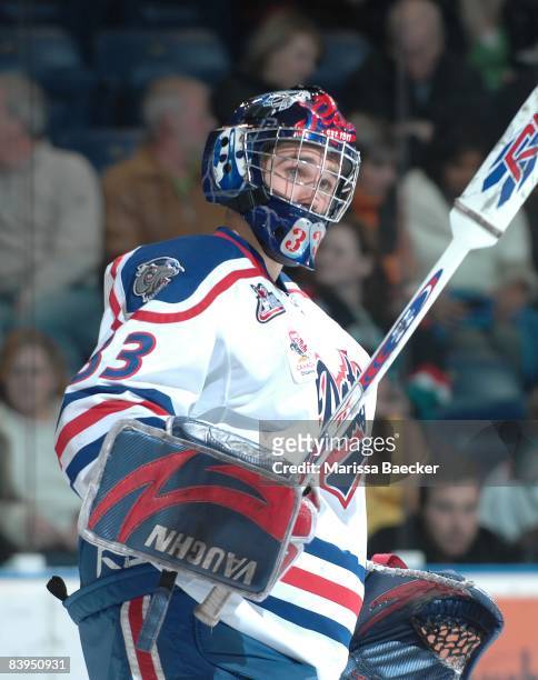 Linden Rowat of the Regina Pats defends the net against the Kelowna Rockets on December 5, 2008 at Prospera Place in Kelowna, Canada.