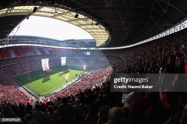 General view inside the stadium prior to during Hull FC v Wigan Warriors in the Ladbrokes Challenge Cup at Wembley Stadium on August 26, 2017 in...