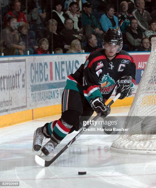 Colin Long and Captain of the Kelowna Rockets skates against the Saskatoon Blades at the Kelowna Rockets on December 3, 2008 at Prospera Place in...