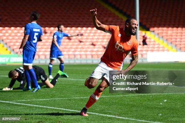 Blackpool's Kyle Vassell celebrates scoring his sides second goal during the Sky Bet League One match between Blackpool and Oldham Athletic at...