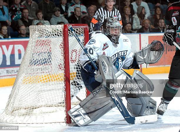 Adam Morrison of the Saskatoon Blades defends the net against the Kelowna Rockets on December 3, 2008 at Prospera Place in Kelowna, Canada.