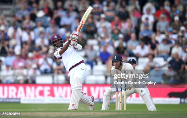 Kraigg Brathwaite of England hits out for six runs to reach his century during day two of the 2nd Investec Test between England and the West Indies...