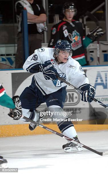 Milan Kytnar of the Saskatoon Blades skates against his former team the Kelowna Rockets on December 3, 2008 at Prospera Place in Kelowna, Canada....