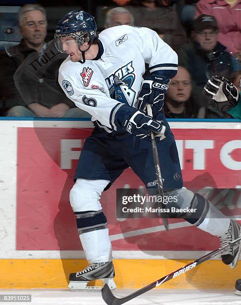 Stefan Elliott of the Saskatoon Blades skates against the Kelowna Rockets on December 3, 2008 at Prospera Place in Kelowna, Canada.