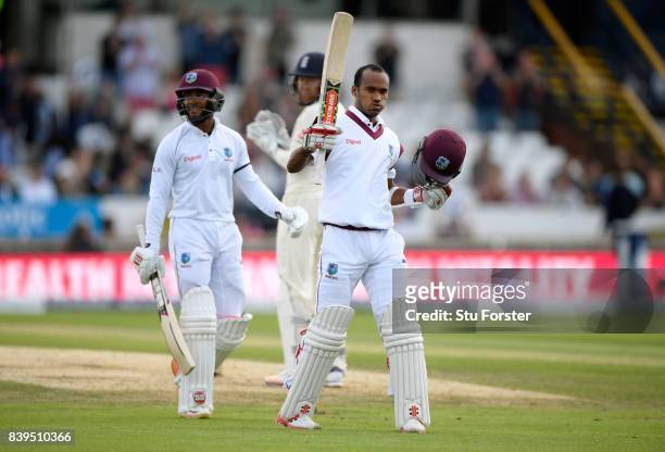 West Indies batsman Kraigg Brathwaite celebrates his century during day two of the 2nd Investec Test match between England and West Indies at...