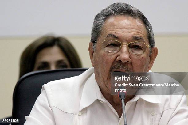 President Raul Castro of Cuba gives a speech during the opening session of the third CARICOM summit, a trade organization of 14 Caribbean nations,...