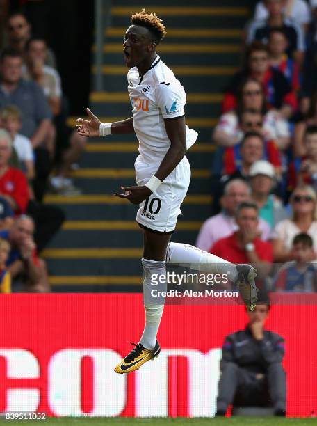 Tammy Abraham of Swansea City celebrates scoring his sides first goal during the Premier League match between Crystal Palace and Swansea City at...