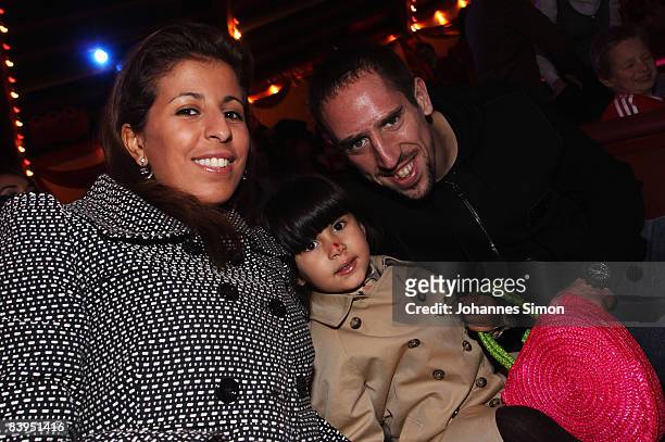 Franck Ribery, his wife Wahiba Riberyand their daughter pose during the FC Bayern Circus Gala at the Circus Krone on December 8, 2008 in Munich,...