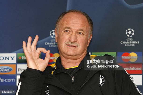 Chelsea's Manager Luiz Felipe Scolari answers questions during a press conference ahead of their European Champions League Group A match against CFR...