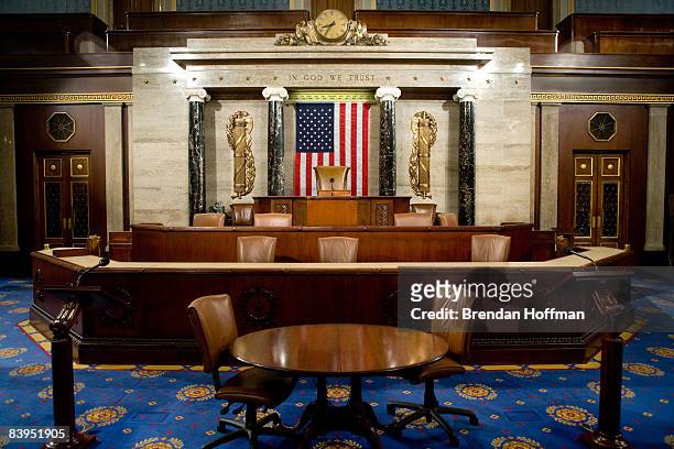 The Speaker's rostrum in the U.S. House of Representatives chamber is seen December 8, 2008 in Washington, DC. Members of the media were allowed...