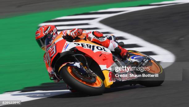 Marc Marquez of Spain and Repsol Honda Team during Free Practice 3 at Silverstone Circuit on August 26, 2017 in Northampton, England.