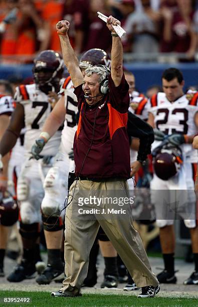 Head coach Frank Beamer of the Virginia Tech Hokies cheers after the final play against the Boston College Eagles in the 2008 ACC Football...