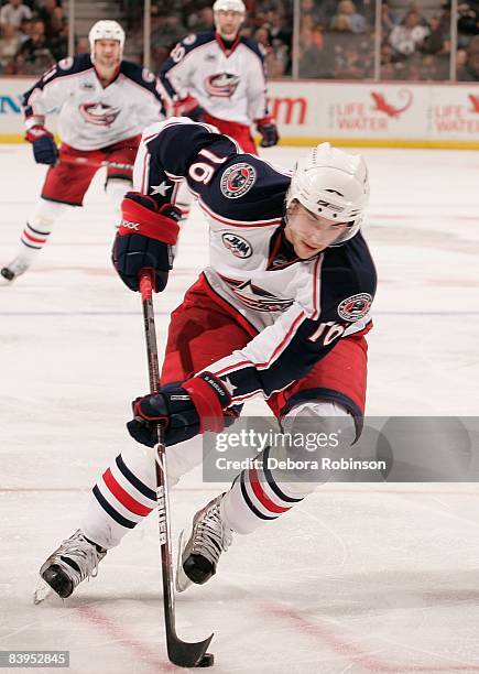 Derick Brassard of the Columbus Blue Jackets drives the puck against the Anaheim Ducks during the game on December 7, 2008 at Honda Center in...