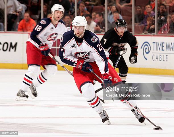 Kristian Huselius of the Columbus Blue Jackets drives the puck against the Anaheim Ducks during the game on December 7, 2008 at Honda Center in...
