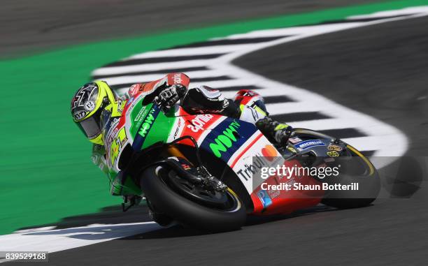 Aleix Espargaro of Spain and Aprilia Racing Team Gresini during Free Practice 3 at Silverstone Circuit on August 26, 2017 in Northampton, England.