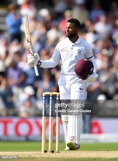 Shai Hope of the West Indies celebrates reaching his century during day two of the 2nd Investec Test between England and the West Indies at...