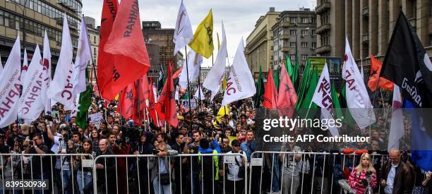 People shout slogans during a protest for internet freedom in Moscow on August 26, 2017. Nearly 1,000 Russians protested during a demonstration...