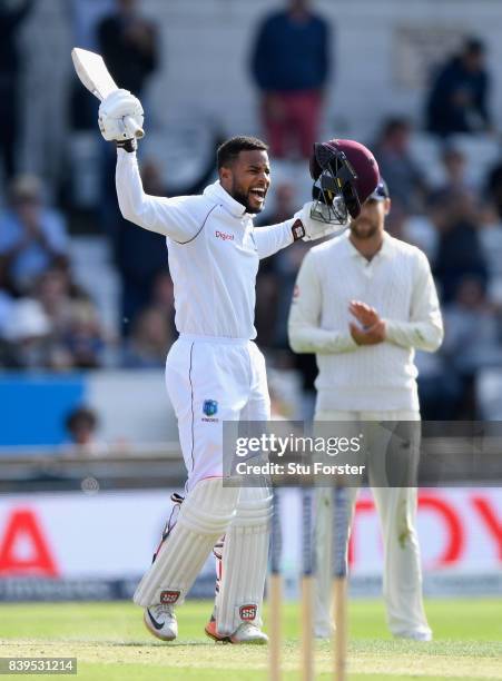 West Indies batsman Shai Hope celebrates reaching his century during day two of the 2nd Investec Test match between England and West Indies at...