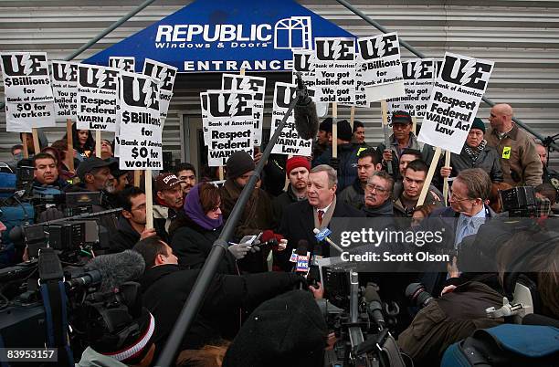 Sen. Dick Durbin speaks to the media after visiting with workers occupying the Republic Windows and Doors factory December 8, 2008 in Chicago,...